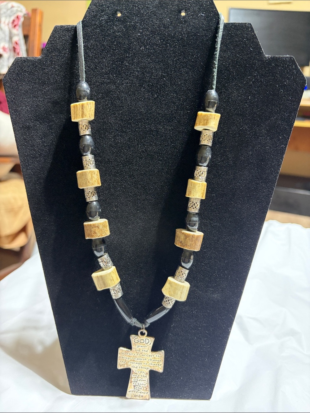 Deer antler Bead Cross Pendant Necklace - Black & Tan